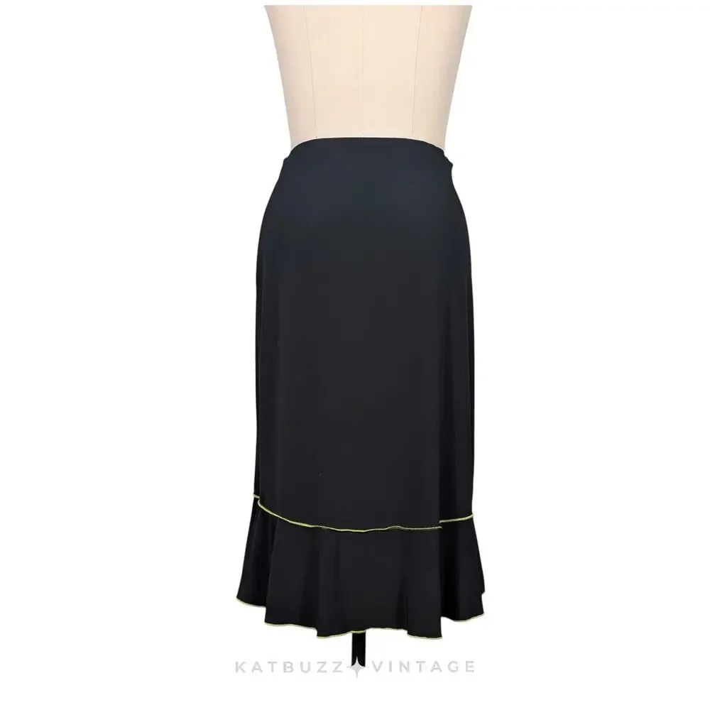 Vintage Midi Skirt M Black Green Y2K Whimsigoth Fairy Indie Ruffle Flare Pull On
